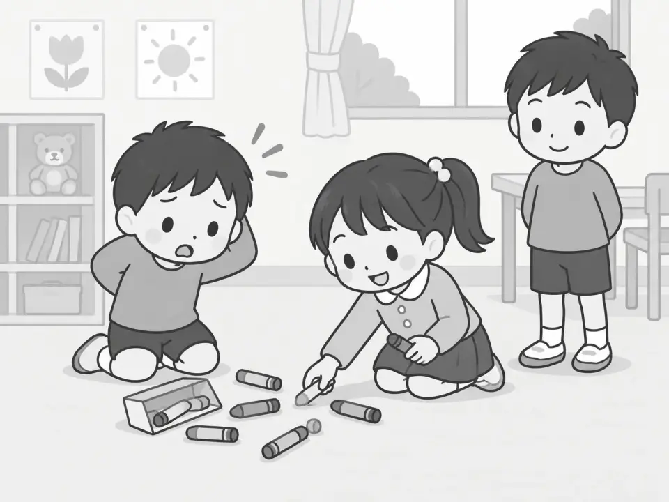 絵カード。男の子が落としたクレヨンを、女の子が拾っている