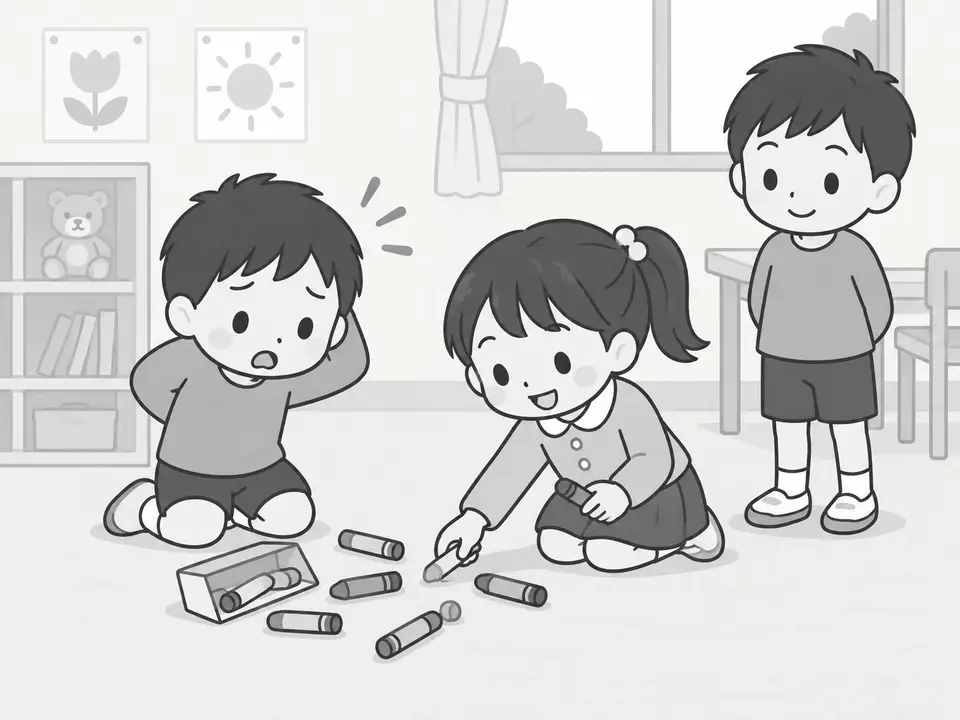 教室で、男の子が落としたクレヨンを女の子が拾っています。もう一人の子はそばで見ています。