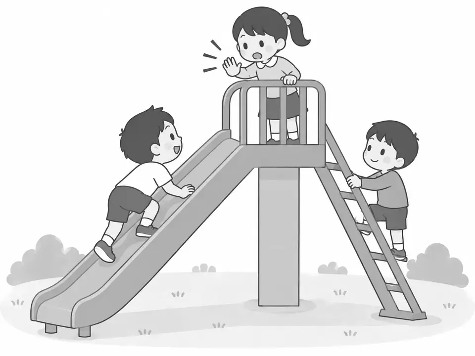 すべり台の滑る面を下から男の子が登っています。上に女の子がいて、別の男の子は階段にいます。