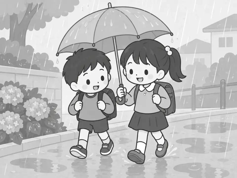 雨の日、女の子が傘を持ち、男の子と一緒に一つの傘に入って歩いています。
