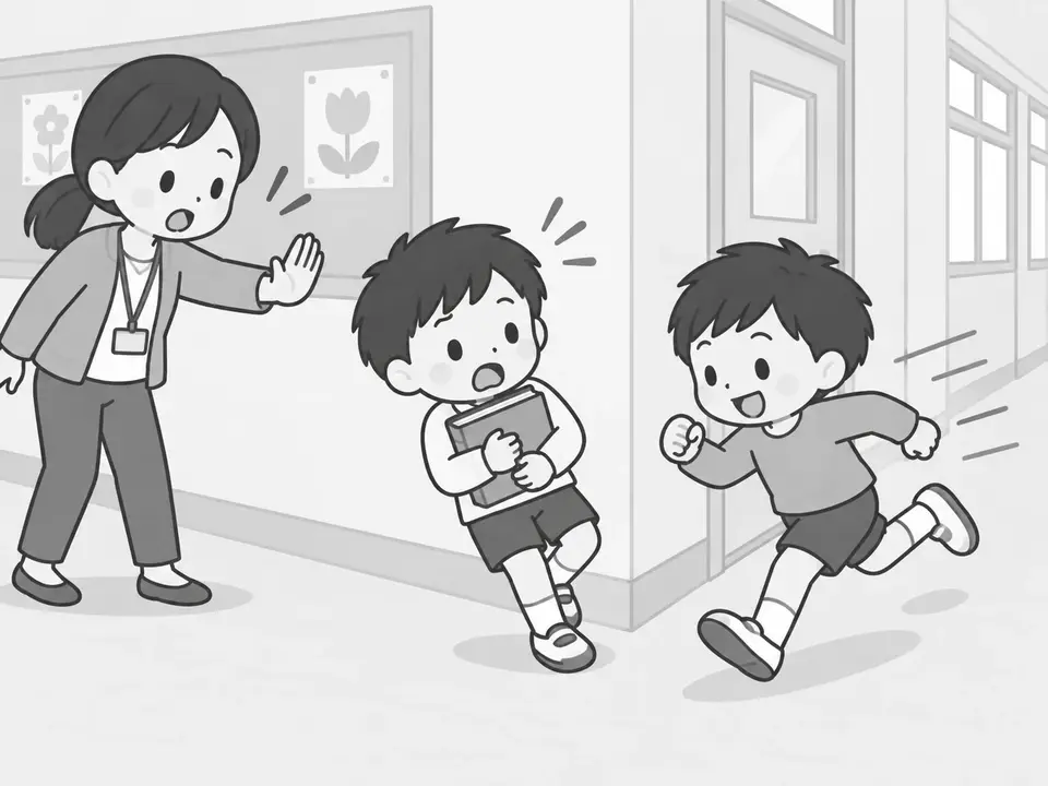 廊下の角で、走ってくる男の子と、本を持っている男の子がぶつかりそうになっています。そばに先生がいます。