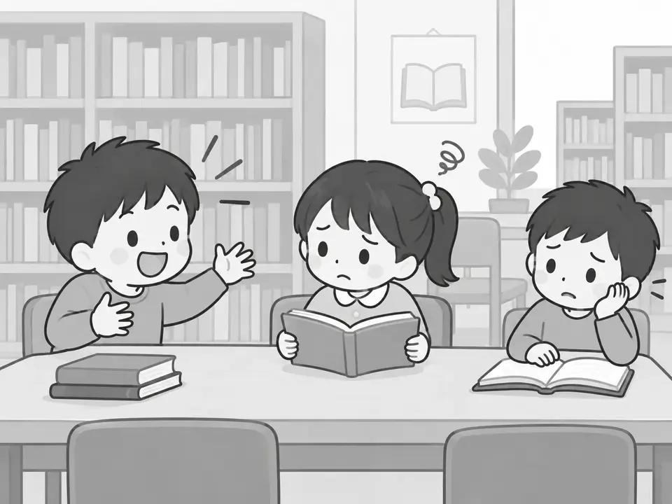 図書室で左の男の子が大きな声で話し、中央の女の子と右の男の子が困った顔で本を読んでいます。