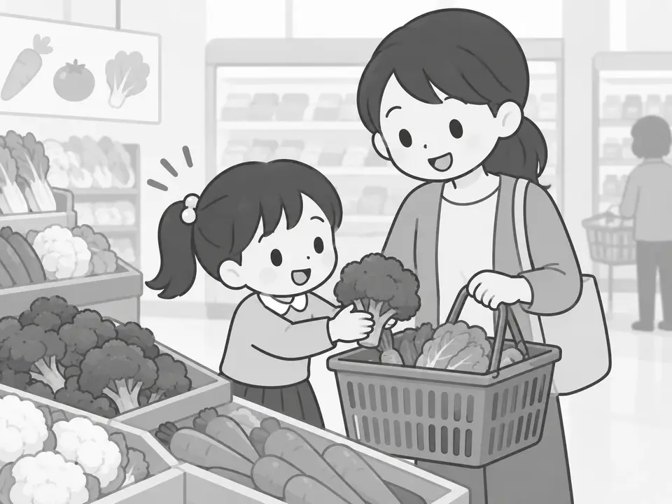 お店の野菜売り場で、女の子がブロッコリーを持ち、お母さんが買い物かごを持っています。