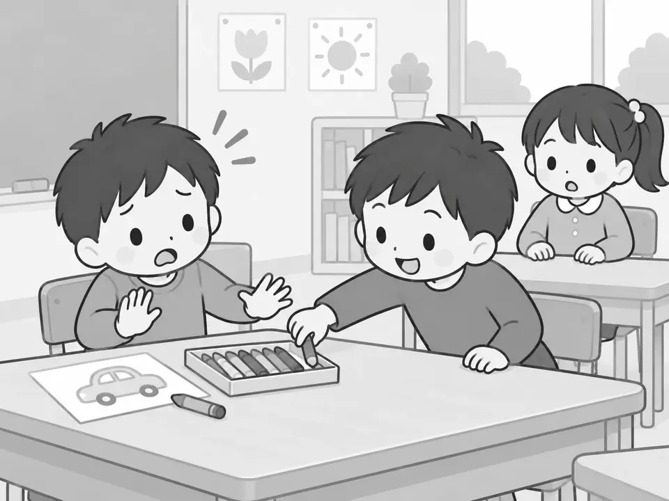 右の男の子がクレヨンの箱に手を伸ばし、左の男の子が困った顔で手を上げています。奥には女の子がいます。