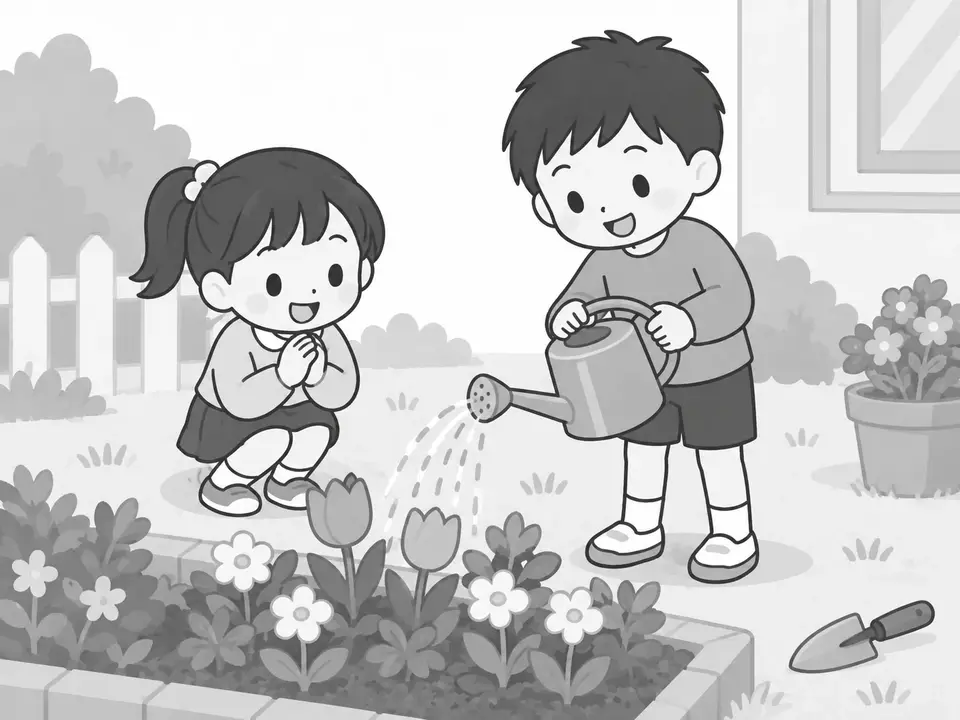 花壇で男の子がじょうろで花に水をあげ、左の女の子が笑顔で花を見ています。