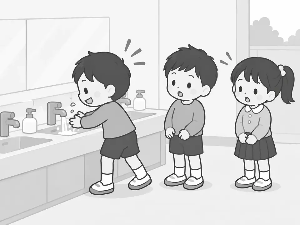 手洗い場で一人の男の子が手を洗い、その後ろで男の子と女の子が驚いた顔をして待っています。