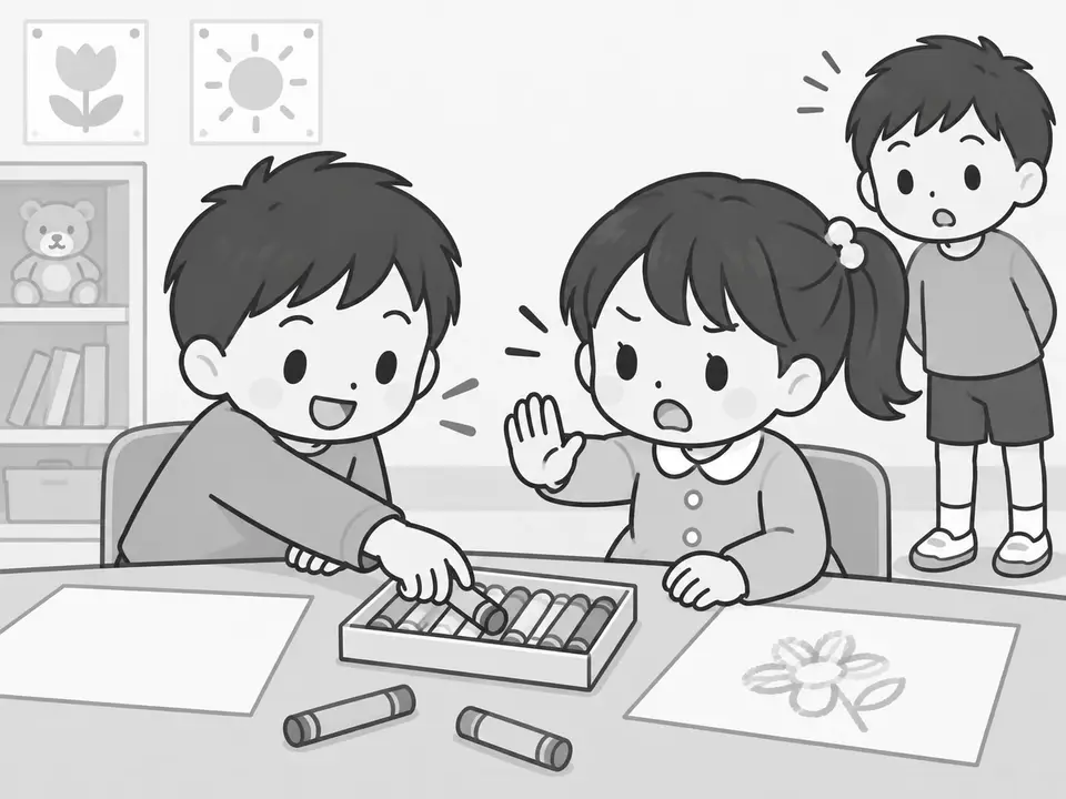 男の子が右の女の子のクレヨン入れに手を伸ばし、クレヨンを取ろうとしています。女の子は手を上げて声をかけています。