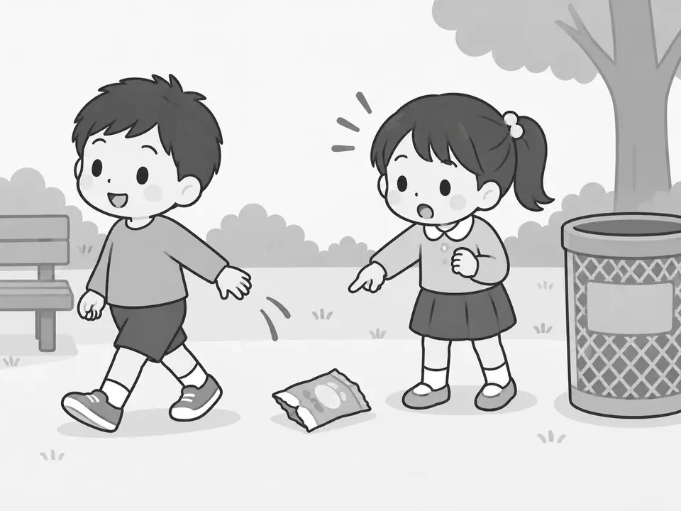 男の子がお菓子の袋を地面に落としています。女の子が袋を指さして声をかけ、近くにはごみ箱があります。