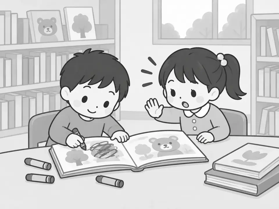 図書室で、男の子が開いた絵本にクレヨンで線を描いています。右の女の子が手を上げて声をかけています。