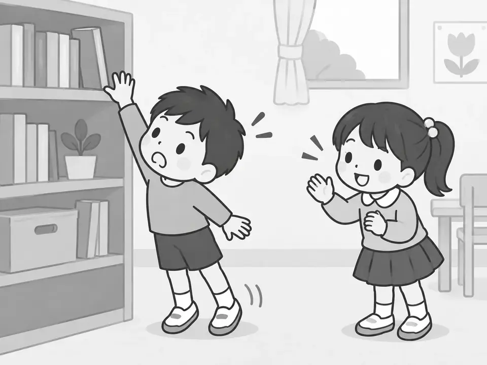 男の子が本棚の高いところにある本に手を伸ばしていますが、届きません。右の女の子が男の子に声をかけています。