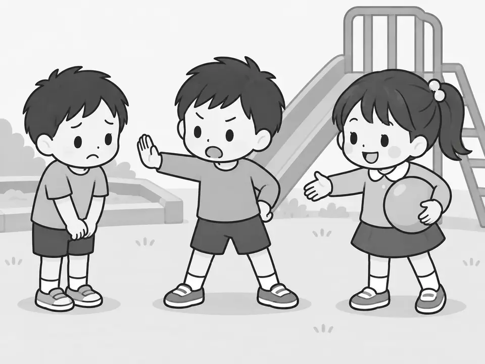 左の男の子が悲しそうに立ち、中央の男の子が手のひらを向けて入れないようにしています。右の女の子はボールを持って声をかけています。