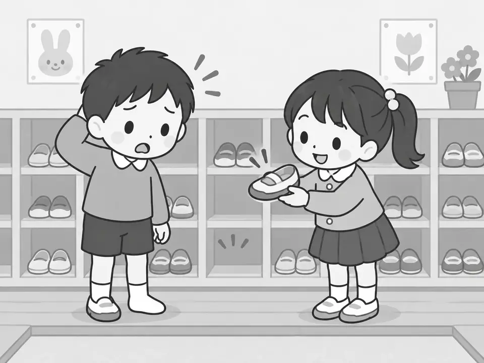 くつ箱の前で、左の男の子が片方のくつがなくて困っています。右の女の子が、見つけたくつを差し出しています。