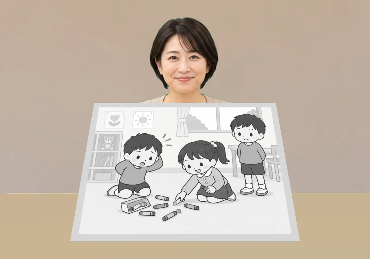 iPadの画面。机の向こうに先生が座り、机の上に絵カードが立っている